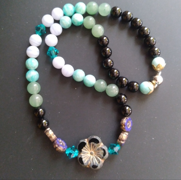 Handmade💎GENUINE💥 17" Onyx, Amazonite, Aventurine,Swarov & Glass🌺Flwer Neckl. - Picture 10 of 14